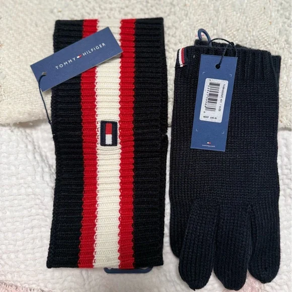 NWT Tommy Hilfiger Winter Accessories Matching Gloves & Headband Navy & Red - Picture 2 of 2